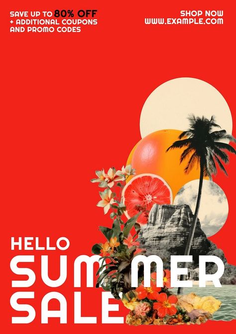 Summer sale poster template | premium image by rawpixel.com / Benjamas Summer Sale Poster, Palm Tree Fruit, Sunset Party, Bullet Journal Design Ideas, Awesome Designs, Coconut Tree, Sky Art, Mix Media, Journal Design