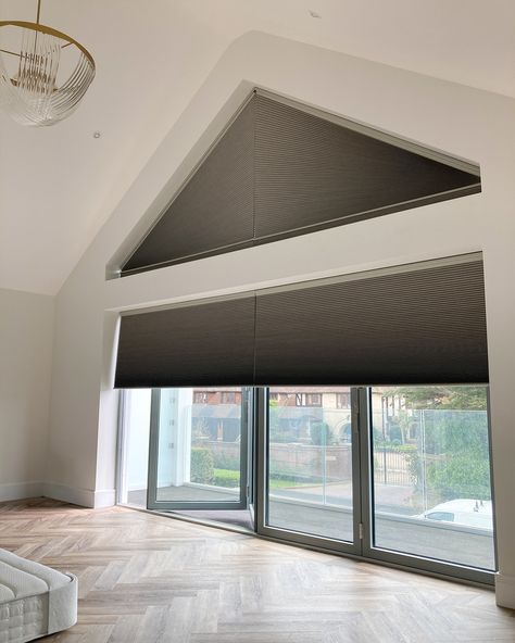 Gable End Blinds, Triangle Window Coverings Living Room, Blinds For Trapezoid Windows, Blinds For Large Picture Window, Gable Window Curtains, Gable Window Blinds, Large Window Blinds, Ideas For Living Room Curtains, Loft Net