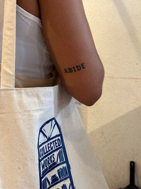 Tattoo Inspo Christian, Yahweh Elyon Tattoo, Christian Latin Tattoos, Biblical Tiny Tattoos, Abide In Me Tattoo, Dainty Tattoos With Meaning Christian, John 15 Tattoo, Abide Tattoo Fonts, Jehovah Tattoo