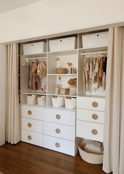 Built In Closet For Nursery, Removing Closet Sliding Doors, Nursery Closet With Curtains, Nursery With Open Closet, Nursery Ideas No Closet, Reach In Closet Nursery, Nursery Closet Doors Removed, Nursery Closet Door Ideas, Nursery Closet Sliding Doors