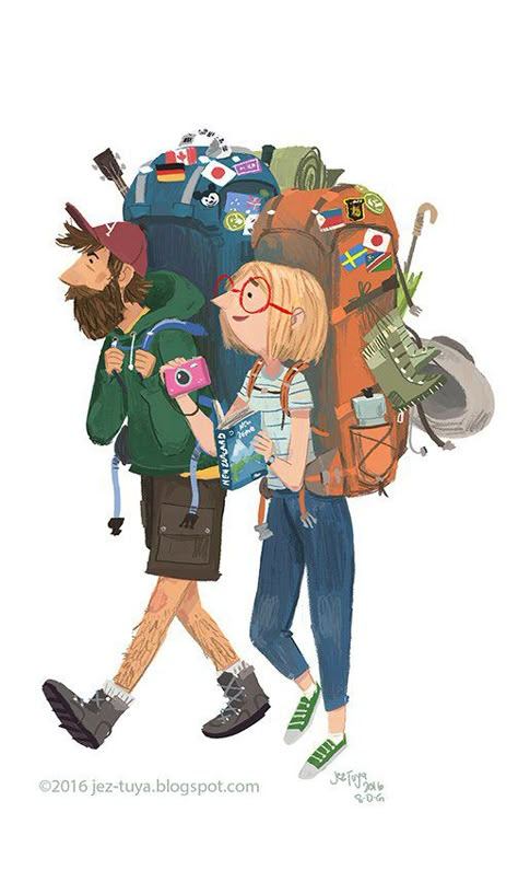 I find travelers that haul large, overloaded backpacks fascinating 동화 삽화, Couple Drawing, Desain Editorial, 캐릭터 드로잉, Couple Illustration, Travel Illustration, Hand Drawing, Illustration Inspiration, Illustrations And Posters