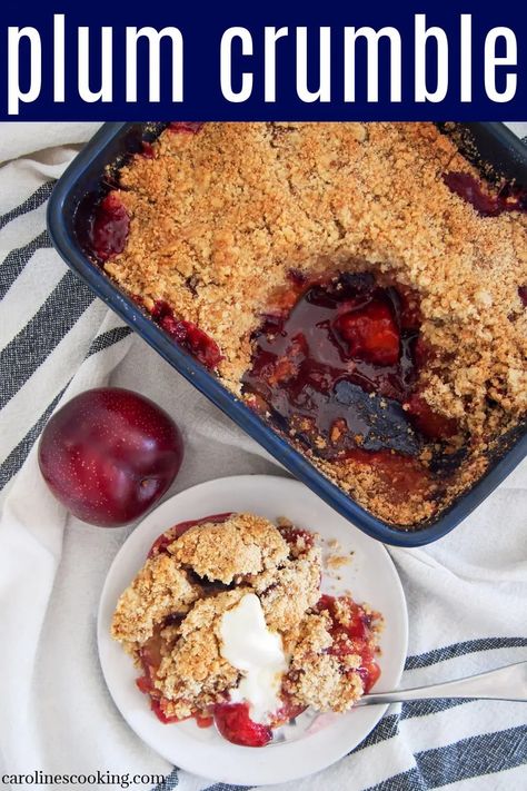 This plum crumble is a delicious combination of oozing, juicy fruit and sweet buttery crumb topping. This take on the dessert has a gentle warm spice flavor and a touch of almond in the crumble topping that all pair perfectly. #plums #crumble #summerdessert British Food Recipes, Plum Dessert, Plum Crumble, Welsh Recipes, Plum Recipes, English Recipes, Copy Cats, Oat Crumble, Pie Crumble