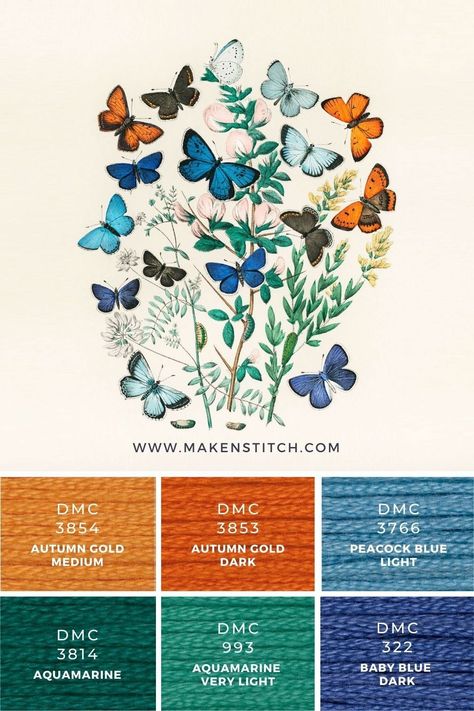 European Butterflies stitch color palette for your embroidery projects. DMC to Anchor embroidery thread conversion chart included! Hand Embroidery Color Combination, Butterfly Pallet Color Palettes, Cross Stitch Color Palette, Color Palette Embroidery, Color Palette Butterfly, Dmc Color Palette Embroidery, Embroidery Color Combinations, Embroidery Palette, Butterfly Color Palette