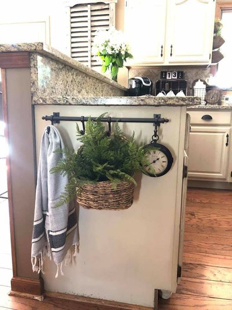 Towel bar decoration for side of cabinet Towel Bar On Kitchen Cabinet, Kitchen Cabinet Towel Bar, Side Of Kitchen Cabinet Decor, End Of Kitchen Cabinet Decor, Side Of Island Decor, Towel Bar In Kitchen, Towel Bar Kitchen Island, Kitchen Island Towel Bar Decor, Above Cabinet Decor Kitchen Greenery