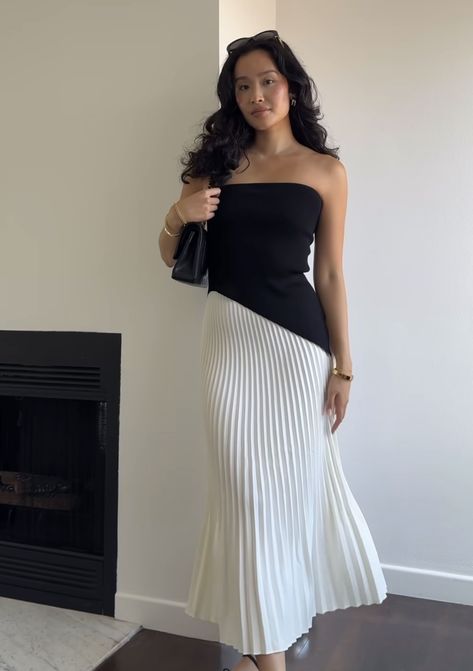 Long Black Skirt Outfit Elegant, Shoes For Long Dress, Maxi Skirt Dinner Outfit, Elegant Summer Clothes, Clothes Color Combinations Woman Outfits, Outfits With Long Skirts Black, Tube And Skirt Outfit, Modest Dresses Classy, Black And White Outfit Ideas Party