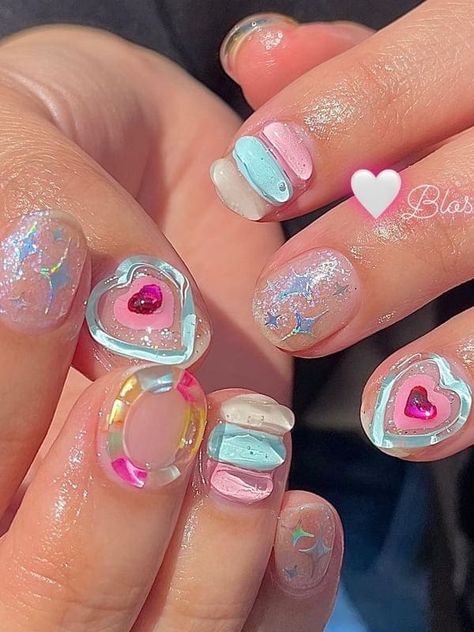 3D Korean jelly nails Korean Gel Nails 3d, Kitsch Nails, Korean Jelly Nails, Nail Art Korean, Asian Nail Art, Korean Nail Art, Asian Nails, Hello Nails, Hippie Nails