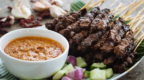 Beef satay (satay daging) | Satay recipes | SBS Food Beef Satay, Satay Recipe, Grilling Sides, Sbs Food, Skewers, Street Food, Beef Recipes, Asian Recipes, Food Processor Recipes