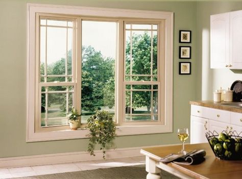 Green with beige window and white trim Vinyl Window Trim, Finish Basement, Vinyl Replacement Windows, Traditional Windows, Window Trim Exterior, Bow Window, Wooden Shutters, Interior Windows, Window Repair