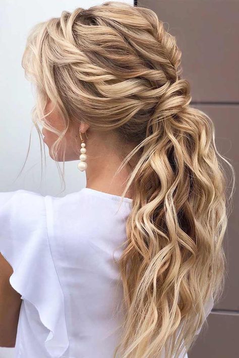 Blonde Twists Into Ponytail #ponytailhairstyles #hairstyles #ponytail  ❤  Get to know how to bring ponytail hairstyles to the next level. Braids, curls, waves and textured ponytails will change the game.  #lovehairstyles #hair #hairstyles #haircuts Low Pony Hairstyles Homecoming, High Ponytail Wedding Hair With Braid, Hoco Updo Hairstyles High Ponytail, Hair Ideas For Bridesmaids Ponytail, Curled Low Ponytail Prom, Curly Pony Wedding Hair, Bridal Low Ponytail With Braid, Prom Hairstyles For Thinner Hair Up, Long Hair Bridesmaid Styles Ponytail