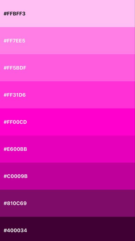 Made with pocket pallet.   #ombrecolor   #magenta #color #colorpalettes #pink #light #dark #ombre #fusca Dark Pink Colors Shades, Magenta Hex Code, Color Palette With Magenta, Pink Ombre Color Palette, Magenta Pallete Color, Neon Pink Color Palette, Light Pink Color Palette, Magenta Color Palette, Ombre Color Palette