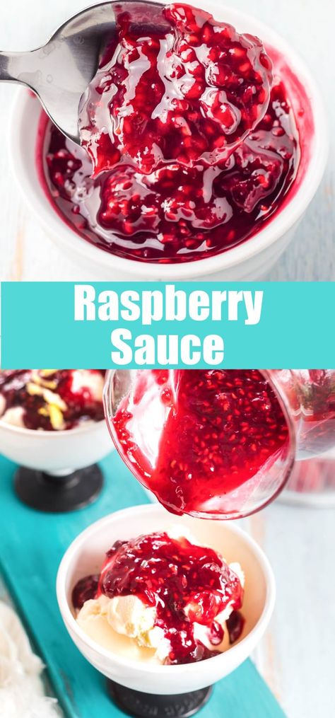 Easy Raspberry Sauce - this raspberry sauce is so easy to make with fresh or frozen berries. And is great on ice cream, cake, cheesecake, pancakes or just about anything! Raspberry Sauce Recipe, Fruit Sauce, Cake Cheesecake, Cheesecake Ice Cream, Raspberry Recipes, Raspberry Sauce, Angel Cake, Ice Cream Toppings, Dessert Sauces