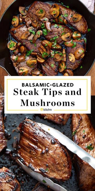 Recipe: Easy Balsamic Glazed Steak Tips and Mushrooms | Kitchn Steak Tips And Mushrooms, Glazed Steak, Cooking Ham, Cooking Mama, Steak Tips, Grilled Steak Recipes, Steak And Mushrooms, Marinated Steak, Steak Fajitas