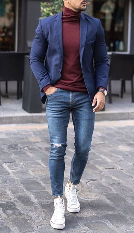 Blue Blazer Outfit Men, Turtleneck Outfit Men, Blue Blazer Outfit, Burgundy Turtleneck, Custom Dress Shirts, Blazer Outfits Men, Blazer For Men, Blue Outfits, Blue Jean Outfits