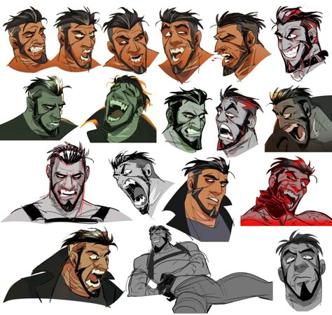 Men Character Design Face, Expression Reference Sheet, Oc Expression Sheet, Facial Expressions Sketch, Face Expression Sheet, Facial Hair Drawing Reference, Mens Facial Expressions, Spanish Character Art, Cartoon Expressions Faces