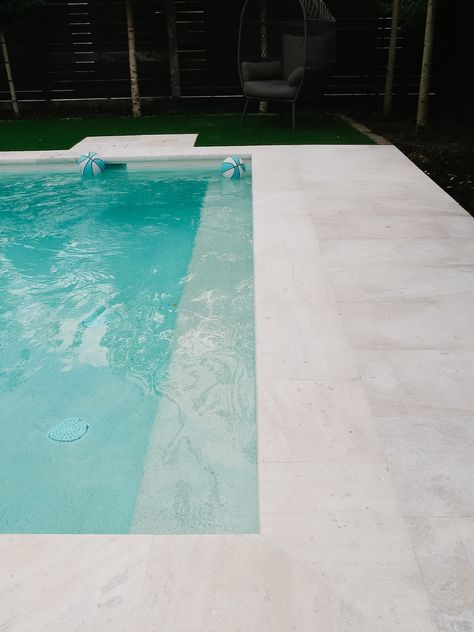 Pool Update & What Patio Furniture I Chose • Honey We're Home Pool Deck Remodel, Pool Resurfacing Ideas, Travertine Pool Decking, Texas Pools, Pool Nets, Travertine Pool, Outdoor Pool Area, Pool Finishes, Pool Colors