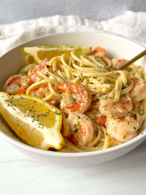 Creamy Lemon Shrimp Pasta in a Wine and Butter Sauce – The Modern Nonna Lemon Shrimp Linguine, Creamy Lemon Shrimp, Lemon Wine Sauce, Shrimp With Lemon, Pasta Entrees, The Modern Nonna, Lemon Wine, Lemon Shrimp Pasta, Modern Nonna