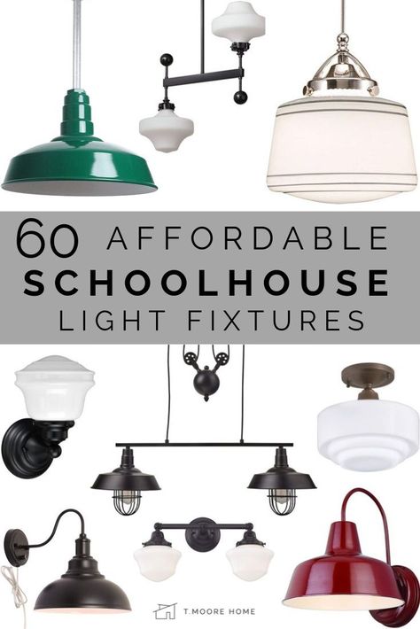 Schoolhouse Lighting - I love the look but not the price tags. Luckily, I've found 60 light fixtures to complement your historic home decor on a budget! From sconces to chandeliers and pendants, here are the 60 most affordable Schoolhouse lights on the market today!  #schoolhouse #bungalowstyle #affordabledecor #lookforless #vintagehome #historichomes Industrial Lighting Chandelier, Historic Home Decor, Schoolhouse Decor, Cheap Light Fixtures, Vintage Lighting Diy, Schoolhouse Lights, Schoolhouse Lighting, Industrial Pendant Lighting, Schoolhouse Style