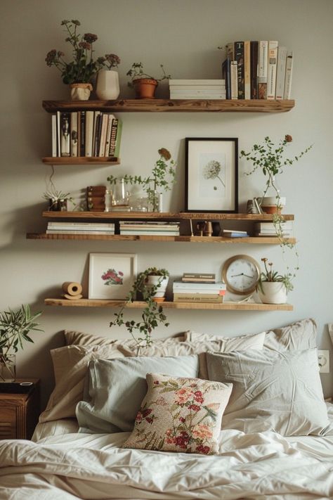 Bed Back Wall Shelf Design, Bedroom Decor Floating Shelves, Small Floating Shelves Bedroom, Shelves In Bedroom Corner, Above Bed Floating Shelves, Cute Things To Put On Shelves, Cozy Bedroom With Books, Small Wall Decor Ideas Bedrooms, Books Small Space