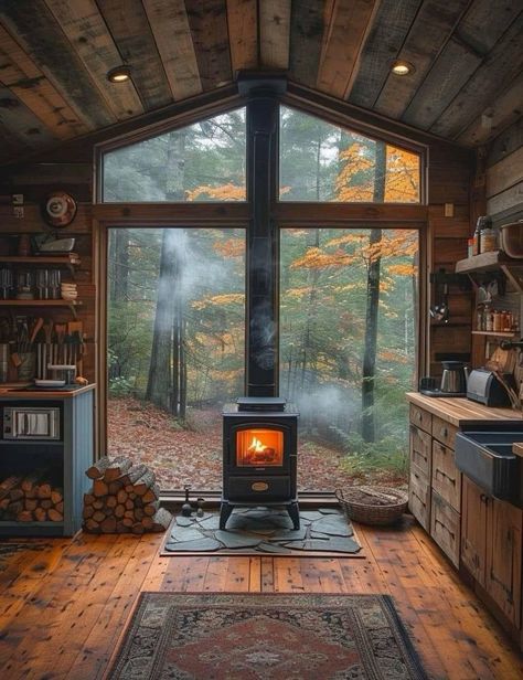 Cabin Interiors, Cabin Living, Tiny House Cabin, Cabins And Cottages, Cabin Life, Dream House Interior, Rustic Cabin, Cabin Homes, Wood Burning Stove