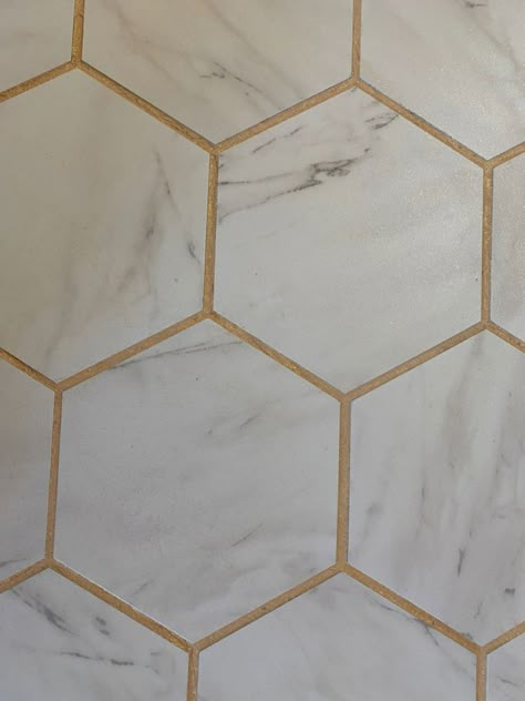 Copper Grout, Metallic Grout, Hexagon Tile Backsplash Kitchen, Gold Grout, Hexagon Tile Bathroom Floor, Tiled Splashback, Kitchen Grout, Metallic Tiles, Hexagon Tile Backsplash