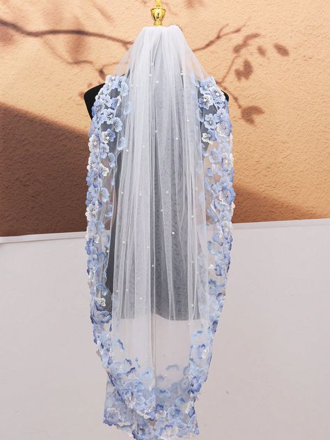 1pc 1m Long Light Blue Lace Edged Beaded Bridal Veil With Comb, Single Layer, Perfect For Party & FestivalI discovered amazing products on SHEIN.com, come check them out! Beaded Bridal Veil, Wedding Veils Lace, Long Lights, Long Light, Lace Veils, Party Festival, Wedding Veil, Bridal Veil, Lace Edging