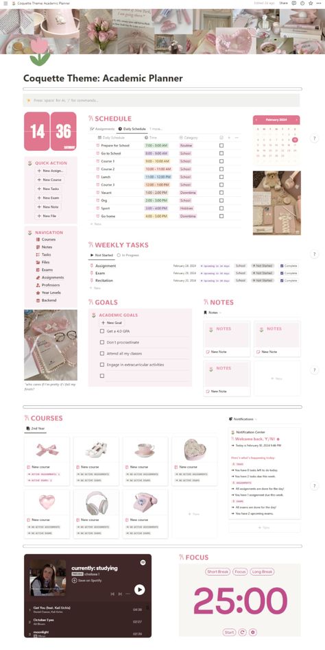 Coquette Themed Academic Planner Notion Template Organisation Ideas School, To Do List Website Design, How To Make A School Planner, How To Use A Planner For School, Notion Academic Planner, Notion Birthday Template, Notation Template Aesthetic, Notion Theme Ideas, To Do List Website