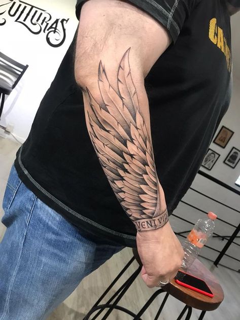 Wing Tattoos For Men, Symbolic Drawings, Angel Wings Tattoo Forearm, Wing Tattoo On Shoulder, Forearm Wing Tattoo, Wing Tattoo Arm, Back Tattoos For Guys Upper, Compass And Map Tattoo, Angel Wing Tattoo