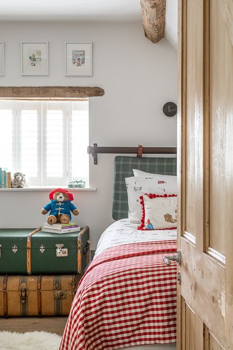 Cotswolds Cottage | Cotswold Interior Design | Lara Clarke Interiors Headboard Fabric, Cottage Nursery, Country Cottage Interiors, Children's Bedroom Ideas, Whimsical Bedroom, Mulberry Home, Vintage Trunks, Paddington Bear, Bedroom Red