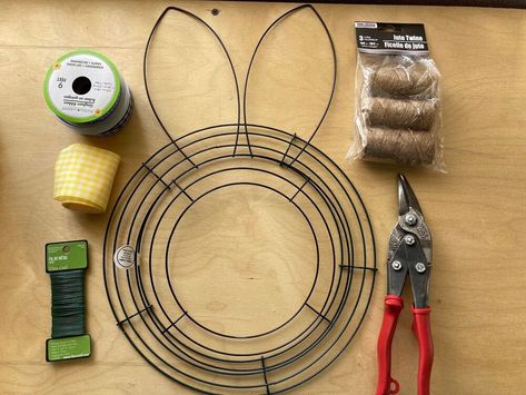 How To Make Bunny Ears, Dollar Tree Bunny Wreath Diy, Bunny Wreath Diy Dollar Stores, Dollar Tree Easter Bunny Wreath, Dollar Tree Easter Wreath, Bunny Wire Wreath Diy, Wire Bunny Wreath, Dollar Tree Rabbit Wreath, Easter Bunny Wreath Diy