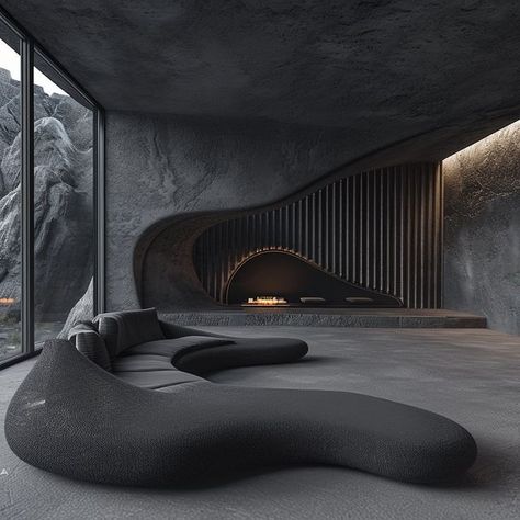 Luxury Inside House, Dark Stone Interior, Architecture Interior Render, Dark Home Interior Design, Black Luxury Interior, Cave Room Ideas, Dark Modern Interior, Dark Home Interior, Interior Design Dark