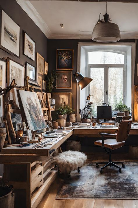 Moody Art Studio, Hobby Room Design, Moss Walls, Art Spaces, Art Studio Space, Art Studio Room, Art Studio Design, Art Studio At Home, Studio Room