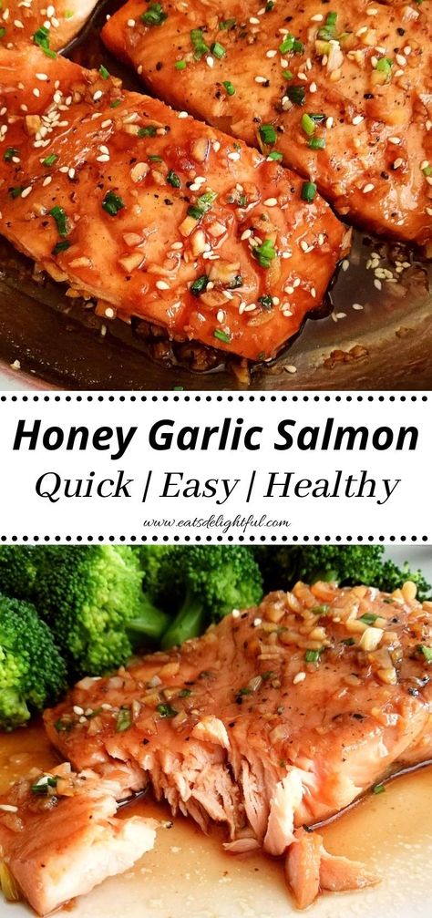 2 stacked images: honey garlic salmon in skillet (top image) and in plate (bottom image) Smoked Salmon Sauce Recipes, Honey Crusted Salmon, Honey Salmon Recipes Stove Top, Salmon Recipes For High Cholesterol, Salmon Recipes To Lower Cholesterol, Salmon Stovetop How To Cook, Honey Garlic Smoked Salmon, Stove Salmon Recipes, Honey Garlic Salmon Stovetop