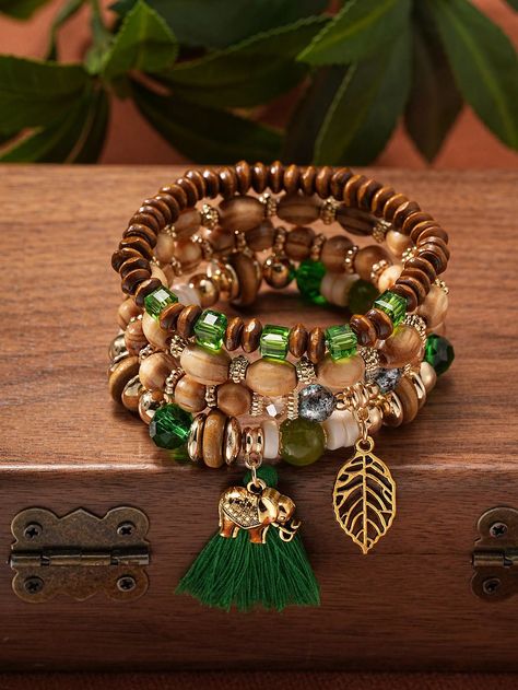 4pcs/Set Bohemian Style Leaf & Elephant Pendant Wood Bead Tassel BraceletsI discovered amazing products on SHEIN.com, come check them out! Earing Inspiration, Wood Bead Tassel, Wood Beads Jewelry, Bracelets Green, Boho Bangle, Earthy Jewelry, Bracelet Sets, Tassel Bracelet, Women Bracelet