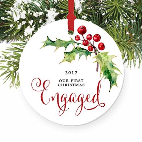 Our First Christmas Engaged Ornament 2017 Holly Berry Engagement Gift Porcelain Ornament 3 Flat Circle Christmas Ornament with Glossy Glaze Red Ribbon  Free Gift Box  OR00052 Justin  Norah * Click image to review more details. (This is an affiliate link) First Christmas Engaged Ornament, Engagement Christmas Ornament, First Christmas Engaged, Engaged Ornament, Christmas Engagement, Engagement Ornaments, Engagement Decorations, Holly Berry, Custom Gift Tags