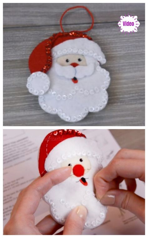 Christmas Craft: DIY Felt Santa Christmas Ornament Video Tutorial Diy Xmas Ornaments, Christmas Craft Diy, Felt Santa, Christmas Felt Ornaments, Diy Felt Christmas Ornaments, Felt Ornaments Patterns, Unicorn Christmas, Felt Crafts Christmas, Felt Christmas Decorations