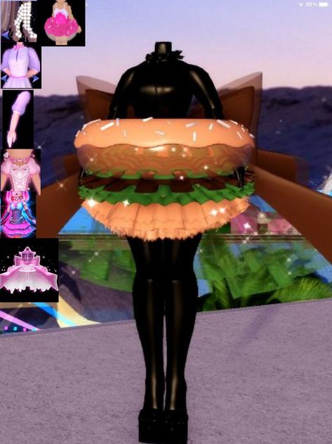 Credits to @caseymai Royale High Food For Thought, Food For Thought Royale High, Rh Sunset Island Outfits, Royale High Dark Fairy Outfit, Rh Outfit Combos, Burger Outfit, Royale High Avatar, Rh Outfit Hacks, Rh Outfit Ideas