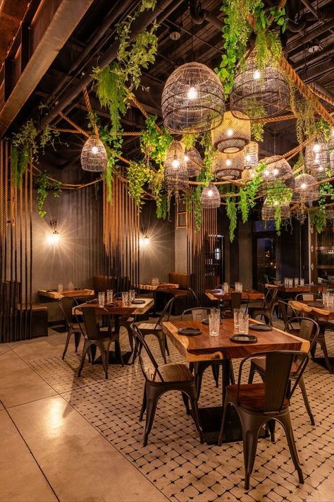 Industrial Boho Restaurant, Filipino Style Restaurant Interior, Lighting Restaurant Design, Hospitality Design Restaurant, Brazilian Restaurant Design, Forest Themed Restaurant, Mid Century Modern Restaurant Design, Wooden Restaurant Tables, Bar Designs For Restaurants