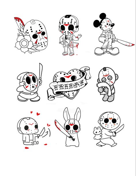 Small Friday The 13th Tattoos Cute, Horror Movie Flash Tattoo Simple, Spooky Friday The 13th Tattoos, Horror Movie Couple Tattoos, Horror Line Art Tattoo, Small Jason Tattoo, Friday The Thirteenth Tattoo Flash, Jason Flash Tattoo, Small Jason Voorhees Tattoo