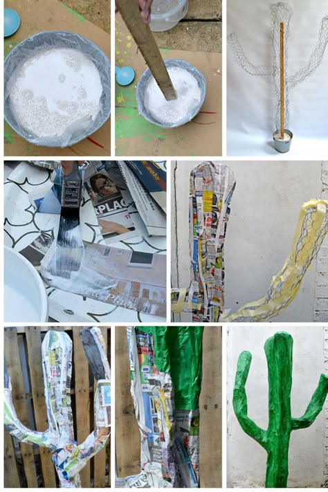 Chicken Wire Paper Mache, Paper Mache Plants, Giant Paper Mache, Paper Cactus, Cactus Craft, Cactus Diy, Paper Mache Clay, Broom Handle, Mache Art