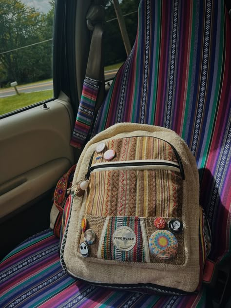 Hippie Backpack, Hippie Car, Hemp Bag, Aesthetic Backpack, Car Deco, Hippie Lifestyle, Hippie Aesthetic, Bag Pins, Estilo Hippie