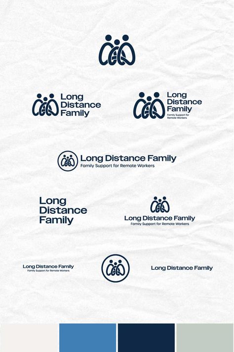 Logo suite for a brand development project for Long-Distance Family - a company offering family support and resources for remote workers. Logomark, wordmark, primary logo, secondary logo, horizontal logo, tagline. Professional, mature, modern, clean, crisp, established, recognizable, distinctive, distinguished. Welcoming, friendly, caring, compassionate, family, connection. Cool, crisp, trendy colors. Logo Placement Ideas, Long Wordmark Logo, Long Logo Design Typography, Long Name Branding, Primary And Secondary Logo, Logo Suite Design, Family Logo Ideas, Logo Variations Branding, Long Name Logo