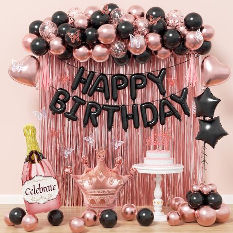 PRICES MAY VARY. What You Receive:Our black and rose gold birthday decorations includes 10inch metallic rose gold balloonsx25, 10inch black balloonsx25, 12inch rose gold confetti balloonsx6, cake topperx1, butterfly party decorationsx12(goldx6, silverx6), happy birthday balloonsrx1, fringe curtainx2, foil balloonx6, ribbonx1, glue dotsx100, decorative stripx1 All Inclusive Birthday Decorations:The black and rose gold happy birthday decor is an all inclusive package featuring balloons, happy birt 50th Birthday Women Decorations, Birthday Theme Ideas For Women, Black And Rose Gold Party Decorations, Birthday Decoration Ideas For Women, 39th Birthday Ideas For Women, Rose Gold And Black Party Theme, Happy Birthday Balloons Decorations, Rose Gold Theme Party, Black Birthday Party Decorations