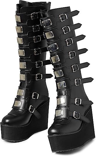 *AOSPHIRAYLIAN* Women's knee-high heel boots have a heel height of about 3.54 inches, a platform height of about 1.96 inches. Buckle Platform Boots, Shoes Demonia, Strappy Boots, Red Platform Shoes, Blue Platform Shoes, Boots Demonia, High Platform Boots, Demonia Boots, Strap Boots