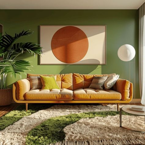 1970s Living Room, 70s Color Palette, Apartment Window, 70s Living Room, Condo Living Room, Colorful Lamps, Retro Interior Design, Wall Art Ideas, Monochromatic Color Scheme