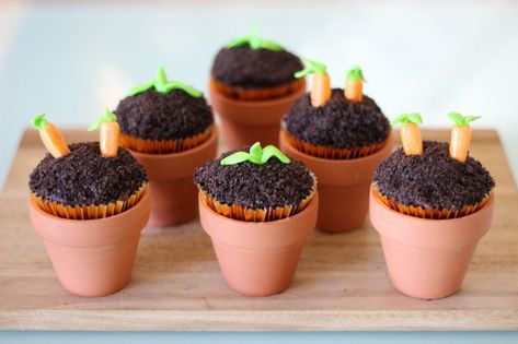 You don't need a green thumb to create this bountiful crop of cupcakes decorated like a vegetable patch. The secret is cookie crumbs and candy for a realistic yet whimsical garden of yumminess. Nails Ideas Easter, Vegetable Garden Cake, Diy Vegetable Garden, Easter Nails Ideas, Frosting For Chocolate Cupcakes, How To Make Sunflower, Easter Craft For Kids, Garden Cupcakes, Sunflower Cupcakes