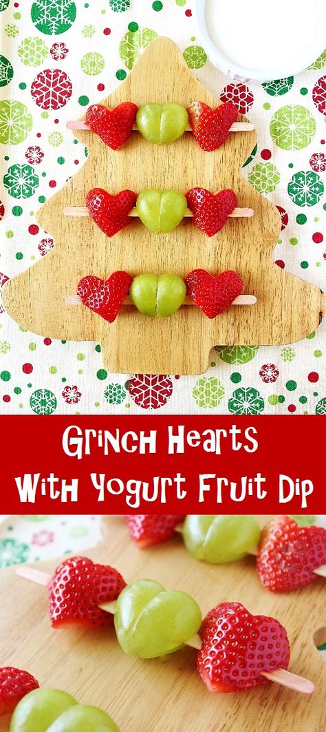 Strawberry and Grape Grinch Hearts with Yogurt Fruit Dip from our Grinch Who Stole Christmas menu! Grinch Snack, Yogurt Fruit Dip, Grinch Heart, Grinch Christmas Party, Christmas Movie Night, Grinch Who Stole Christmas, Grinch Party, Fruit Skewers, Christmas Fruit