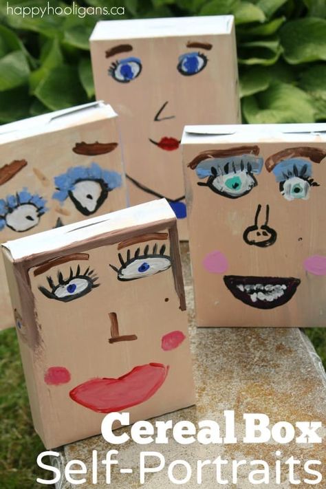 Cereal Box Self-Portraits - A great project for art camp, art class or a rainy day at home! via @https://www.pinterest.com/happyhooligans/ Self Portrait Art, Happy Hooligans, Creative Curriculum, Art Camp, Easy Art Projects, Self Portraits, Harry Potter Crafts, Camping Art, My Themes