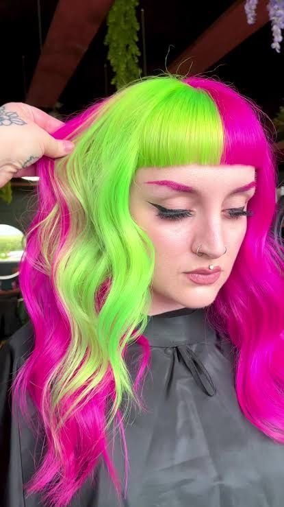 Elegant Orange Hair Color Inspirations for Beginners Pink And Lime Green Hair, Neon Pink And Green Hair, Editorial Hair Color, Unusual Hair Colours, Vivids Haircolor, Pink Green Hair, Pink And Green Hair, Neon Hair Color, Watermelon Hair