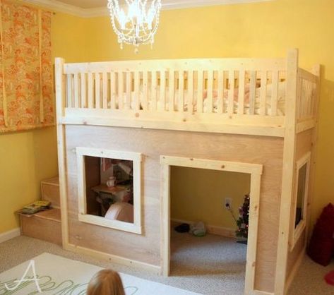 a princess bedroom with a loft bed, bedroom ideas, closet, diy, doors, home decor, Here s a picture of the bed when we first installed it pre painting Playhouse Loft Bed, A Loft Bed, Loft Bed Plans, Bunk Beds With Stairs, Princess Bedroom, Bunk Bed Designs, Space Bedding, Kids Bunk Beds, Bed Plans