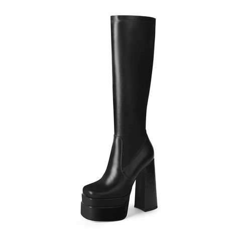 WETKISS Women's Black Platform Knee High Boots Stacked High Heeled Boots Square Toe Side Zip Stretch Go-Go Boot Black Platform Knee High Boots, Black Go Go Boots, Black Gogo Boots, Black Leather Boots Outfit, Trendy Boots For Women, Pink Knee High Boots, Bratz Boots, Womens Fall Boots, Platform Knee High Boots